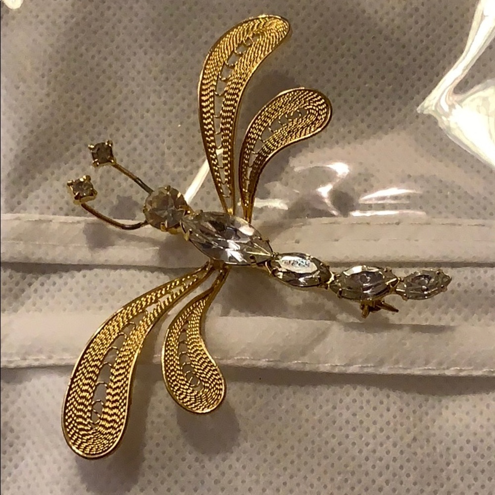 Vintage Gold Tone Dragonfly Rhinestone Brooch